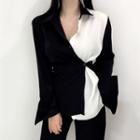 Long-sleeve Contrast-color Asymmetric Shirt As Shown In Figure - One Size