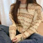 Crewneck Nordic Pattern Sweater Beige - One Size