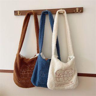 Faux Shearling Cartoon Embroidered Crossbody Bag