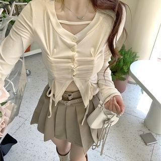 V-neck Drawstring Cropped T-shirt / Pleated Mini A-line Skirt