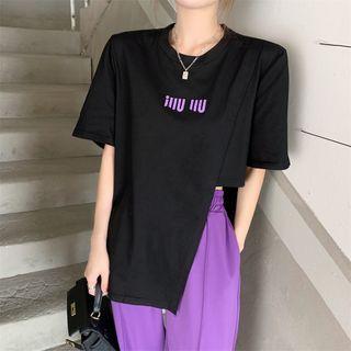 Elbow-sleeve Lettering T-shirt / High Waist Wide Leg Pants