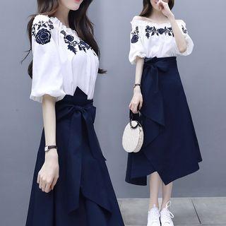 Set: Embroidered Blouse + Asymmetric A-line Midi Skirt