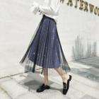 Pleated Mesh Midi A-line Skirt