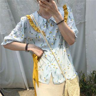 Flower Print Ruffle Trim Elbow-sleeve Blouse