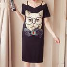 Cat Applique Cold Shoulder Short-sleeve T-shirt Dress