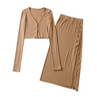 Set: Long-sleeve Crop T-shirt + Midi A-line Skirt