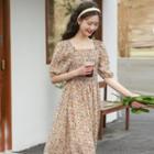 Short-sleeve Flower Print Midi A-line Dress Floral - One Size
