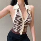 Curve-striped Collared Knit Halter Top