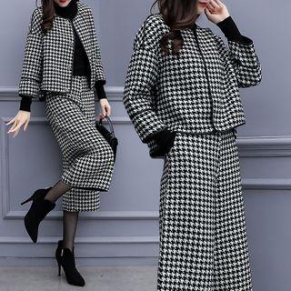 Set: Houndstooth Button-up Jacket + Wide-leg Pants