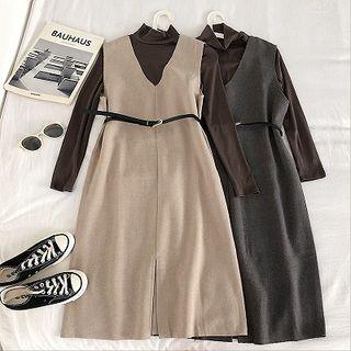 Set: Long-sleeve Mock-neck T-shirt + Midi A-line Pinafore Dress