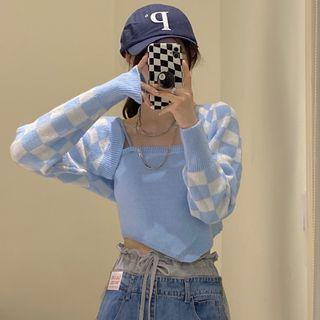 Plain Camisole Top / Checkerboard Pattern Shrug