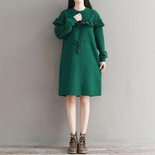 Long-sleeve Frill-trim A-line Dress