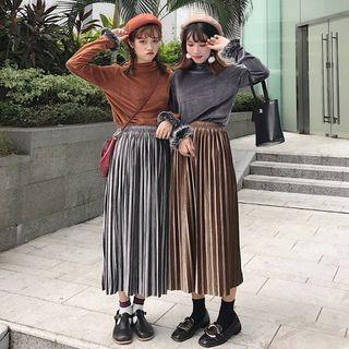 Mock-neck Long-sleeve Top / Accordion Midi Skirt
