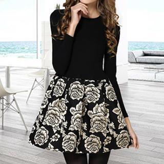 Long-sleeve Rose Print Dress