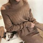 Set: Wool Blend Sweater + Turtleneck Knit Dress + Belt