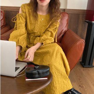 Long-sleeve Cutout Drawstring Shirred Dress