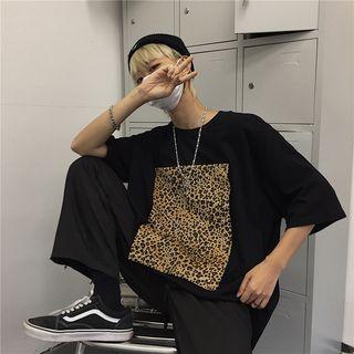 Leopard Elbow-sleeve T-shirt Black - One Size