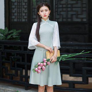 Set: 3/4-sleeve Gingham Top + Skirt