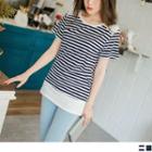 Paneled Stripes Lace Shoulder Top