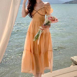 Cold-shoulder Flower Embroidered Midi A-line Dress