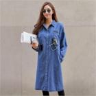 Letter Printed Patch Denim Shirtdress Blue - One Size