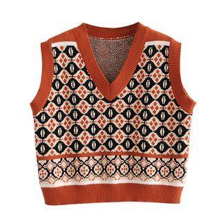 Patterned Knit Sweater Vest Pattern - Coffee - One Size