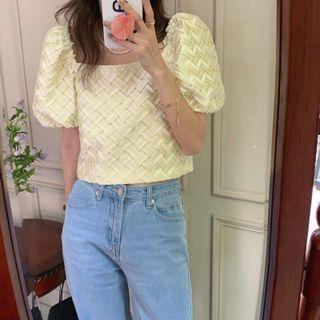 Short-sleeve Square-neck Blouse Yellow - One Size