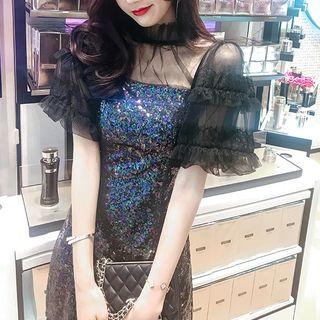 Short-sleeve Lace Trim Frill Collar Mesh Top