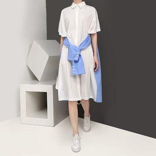 Mock Two-piece Elbow-sleeve Paneled Shirt Dress