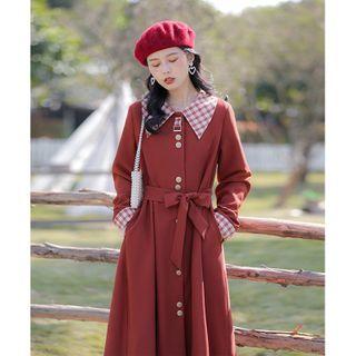 Long-sleeve Plaid Lining Midi Dress