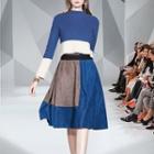 Set: Mock-neck Color Block Sweater + A-line Skirt