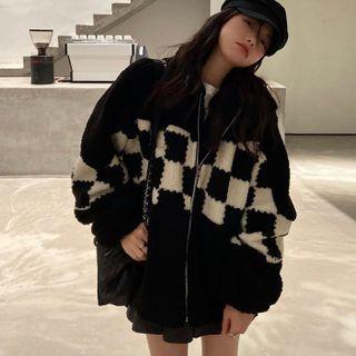 Plaid Fleece Zipped Jacket Jacket - Black & White - One Size