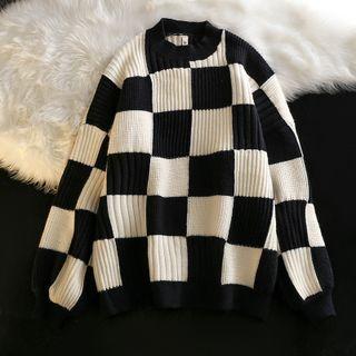 Plaid Sweater 173-1116# - Black & White - One Size