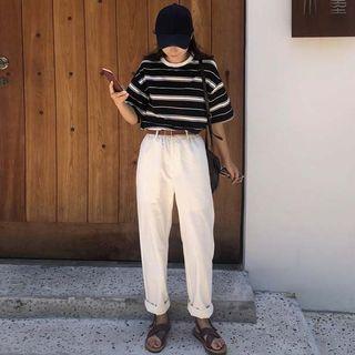 Striped Elbow-sleeve T-shirt / Straight Fit Pants
