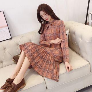 Plaid Long-sleeve Tie-neck Chiffon Dress