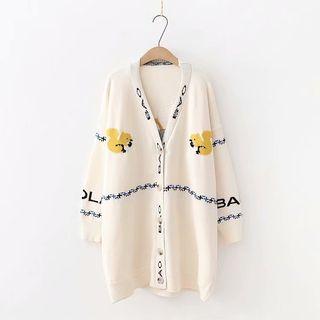 Squirrel Jacquard Lettering Long Cardigan