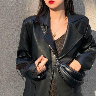 Faux Leather Biker Jacket / Spaghetti Strap Leopard Print Dress