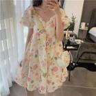 Flower Print Short-sleeve A-line Dress Floral - White - One Size