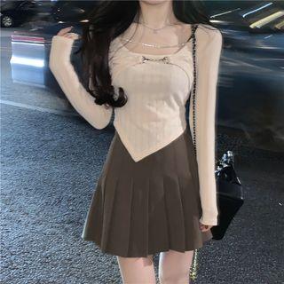 Long-sleeve Mock Two Piece T-shirt Almond - One Size