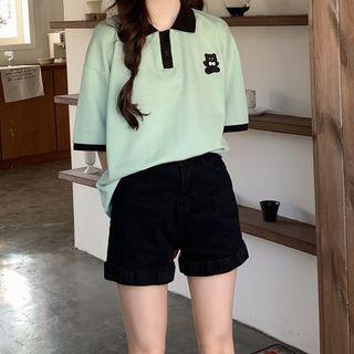 Elbow-sleeve Bear Embroidered Polo Shirt Green - One Size