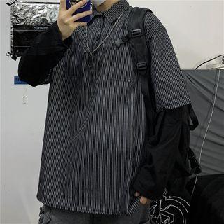 Couple Matching Mock Two Piece Striped Polo Shirt