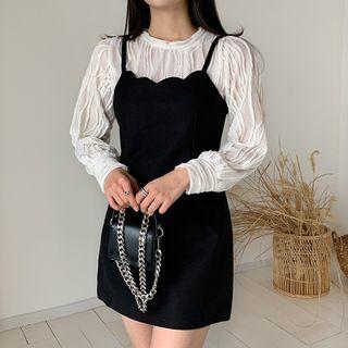 Set: Textured Sheer Blouse + Pinafore Minidress Black - One Size