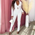 Set: Long-sleeve V-neck Top + High-waist Straight-leg Pants