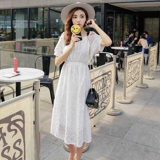 Shoulder-cutout Elbow-sleeve Eyelet Lace Dress
