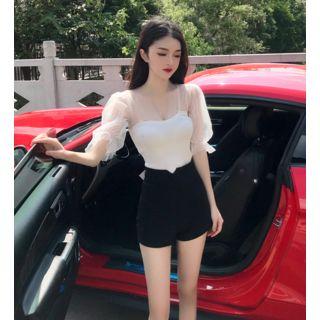 Puff-sleeve Sheer Panel Slim Fit Dress