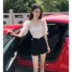 Puff-sleeve Sheer Panel Slim Fit Dress
