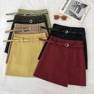 Asymmetric Faux Leather High-waist A-line Skirt With Belt