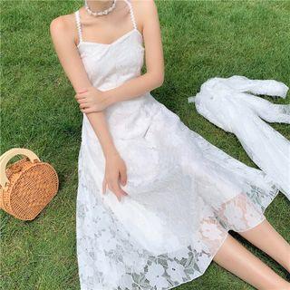 Spaghetti-strap Midi A-line Dress / Lace Jacket