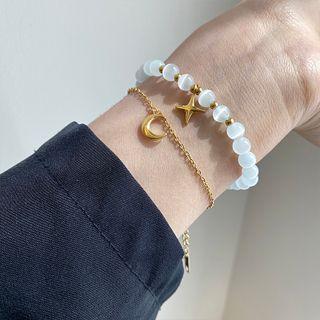 Set: Moon Alloy Bracelet + Star Faux Cat Eye Stone Bead Bracelet Set Of 2 - E33 - White & Gold - One Size