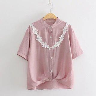 Crochet Lace Short-sleeve Stand Collar Shirt